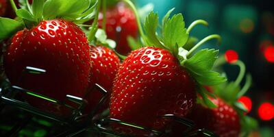 ai généré Frais brut végétarien rouge vert baie fraise dans panier. marché plante agriculteur récolte photo