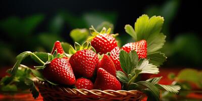 ai généré Frais brut végétarien rouge vert baie fraise dans panier. marché plante agriculteur récolte photo