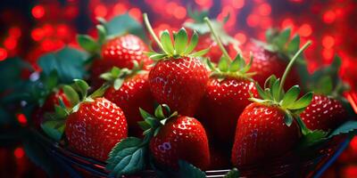 ai généré Frais brut végétarien rouge vert baie fraise dans panier. marché plante agriculteur récolte photo