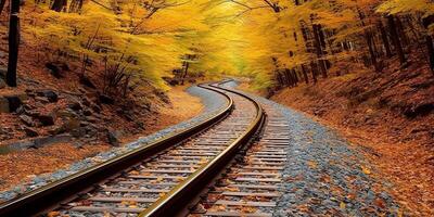 ai généré train chemin de fer chemin façon transport à l'extérieur la nature paysage voir. aventure tomber saison photo