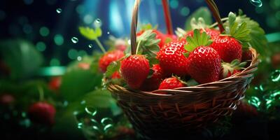 ai généré Frais brut végétarien rouge vert baie fraise dans panier. marché plante agriculteur récolte photo