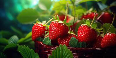 ai généré Frais brut végétarien rouge vert baie fraise dans panier. marché plante agriculteur récolte photo