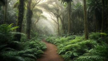 ai généré une tropical dense forêt avec une sentier photo