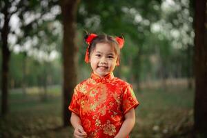 de bonne humeur Jeune fille avec adorable rouge cheveux petits pains portant une vibrant traditionnel chinois cheongsam robe en plein air dans le jardin parc. chinois journée concept. photo