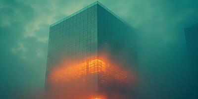 ai généré moderne Bureau bâtiment embrasé dans le brouillard à crépuscule photo