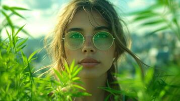 ai généré femme portant vert des lunettes de soleil dans herbe photo