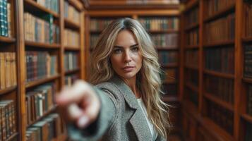 ai généré femme montrer du doigt à caméra dans bibliothèque photo