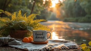 ai généré une tasse de café mensonges sur une confortable couverture. bien Matin écrit sur le café photo