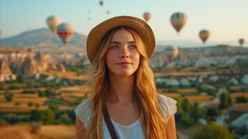 ai généré femme permanent dans de face de chaud air des ballons photo