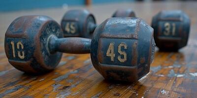 ai généré rustique Gym réglage avec patiné haltères sur en bois sol photo