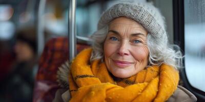 ai généré personnes âgées femme portant Jaune écharpe sur autobus photo