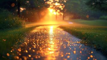 ai généré serein le coucher du soleil chemin avec brillant gouttes de pluie et chaud d'or lumière photo