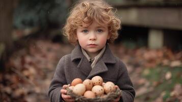 ai généré une enfant en portant une panier rempli avec des œufs photo