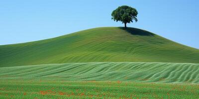 ai généré un arbre sur vert colline photo