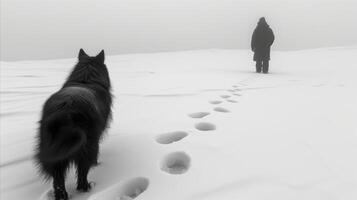 ai généré la personne et chien en marchant dans neigeux paysage en quittant empreintes photo