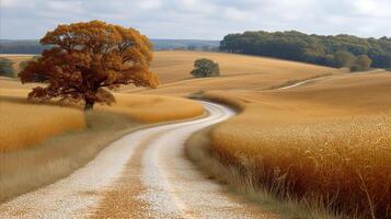 ai généré serein l'automne paysage avec enroulement pays route et d'or des champs photo