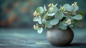 ai généré élégant eucalyptus arrangement dans une élégant céramique vase sur une rustique table photo