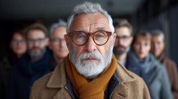 ai généré homme avec barbe et des lunettes adressage groupe de gens photo