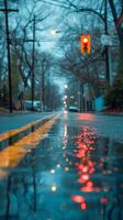 ai généré pluvieux ville soir avec vif circulation lumière reflets sur humide rue photo