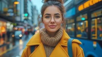 ai généré élégant Jeune femme dans Jaune manteau et des lunettes sur occupé ville rue photo