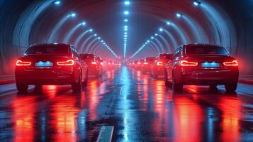 ai généré illuminé voitures dans humide tunnel circulation création magnifique rouge reflets photo