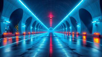 ai généré futuriste tunnel avec néon lumières et humide asphalte route photo