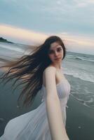 ai généré femme en marchant sur plage dans blanc robe photo