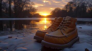 ai généré Jaune bottes sur la glace photo