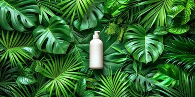 ai généré Naturel soin de la peau produit maquette sur luxuriant vert tropical feuilles Contexte photo