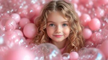 ai généré portrait de une content Jeune fille entouré par rose des ballons photo