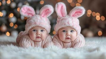 ai généré jumeaux portant Chapeaux avec lapin oreilles. photo