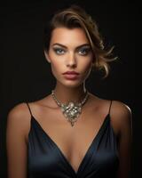 ai généré femme portant noir robe et Collier photo