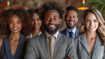 ai généré diverse professionnel équipe souriant dans affaires tenue pour entreprise portrait photo