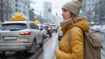 ai généré Jeune femme dans hiver tenue attendre sur occupé ville rue photo