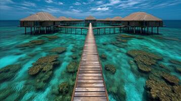 ai généré luxueux par-dessus l'eau bungalows avec en bois sentier dans tropical paradis photo