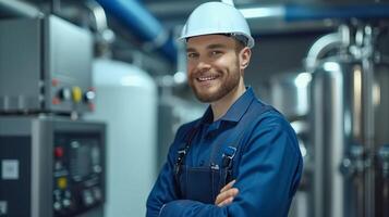 ai généré homme portant difficile chapeau et salopette sur construction site photo