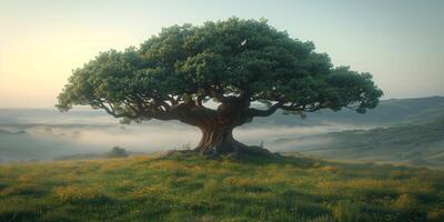 ai généré majestueux arbre sur luxuriant flanc de coteau photo