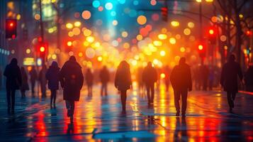 ai généré occupé ville rue à nuit avec piétons et coloré bokeh lumières photo