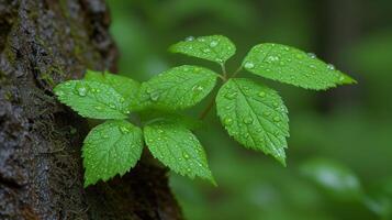 ai généré Frais vert feuilles avec l'eau gouttelettes sur arbre écorce dans forêt photo