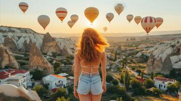 ai généré femme permanent dans de face de chaud air des ballons photo