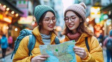 ai généré Jeune femmes en train d'étudier carte ensemble photo