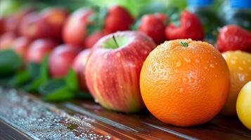 ai généré Frais des fruits assortiment avec gouttelettes sur en bois surface photo