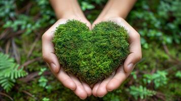 ai généré Humain mains berceau une en forme de coeur mousse dans la nature photo