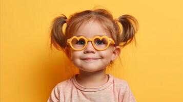 ai généré peu fille portant cœur en forme de des lunettes sur Jaune Contexte photo