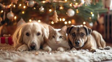 ai généré chat et chien asseoir près le Noël arbre, de fête animaux domestiques profiter vacances applaudir, ai généré. photo
