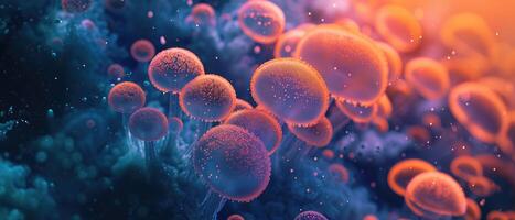 ai généré biotechnologie éclairage explore ressemblant à un champignon organismes ou cellules émettant lumière, une bioluminescent merveille, ai généré. photo