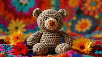 ai généré crocheté ours jouet vibrant toile de fond, fabriqués à la main et adorable, ai généré photo