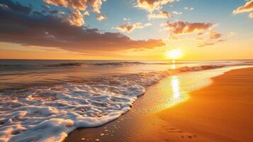 ai généré d'or teintes de le coucher du soleil embrasse une tranquille plage, où l'eau se rencontre sable, ai généré photo