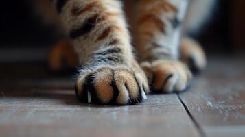 ai généré fermer de une chats pattes et tranchant les griffes sur le sol, prêt pour action, ai généré. photo