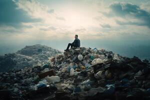 ai généré écologique problème, environnement pollution, déchets. homme séance sur une grand pile de ordures et à la recherche loin, en plein air photo